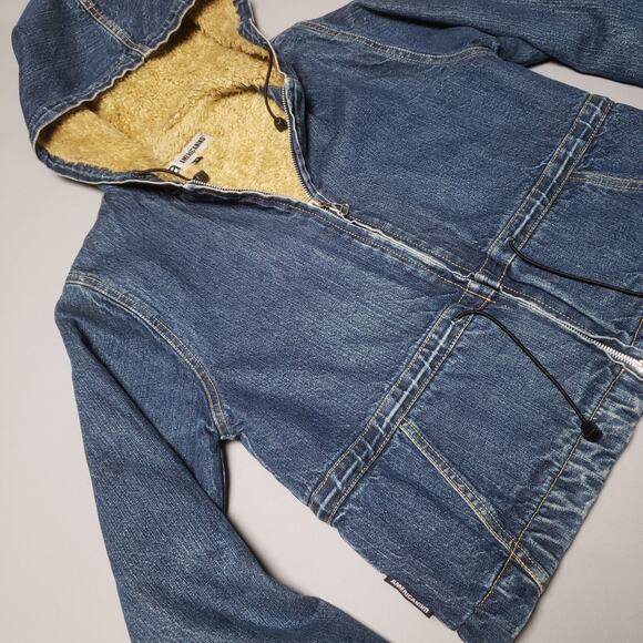 Vtg RARE Americanino Sherpa Denim cropped Zip up Hoodie - Picture 2 of 9